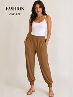 Fashion Brown Cover-Up Jogger Pants | One Size | Smocked Waist | Beach Resort